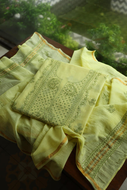 Yellow & Green Shade Mal Cotton Chikankari Unstitched Kurta Dupatta Fabric With Mukaish Kamdani