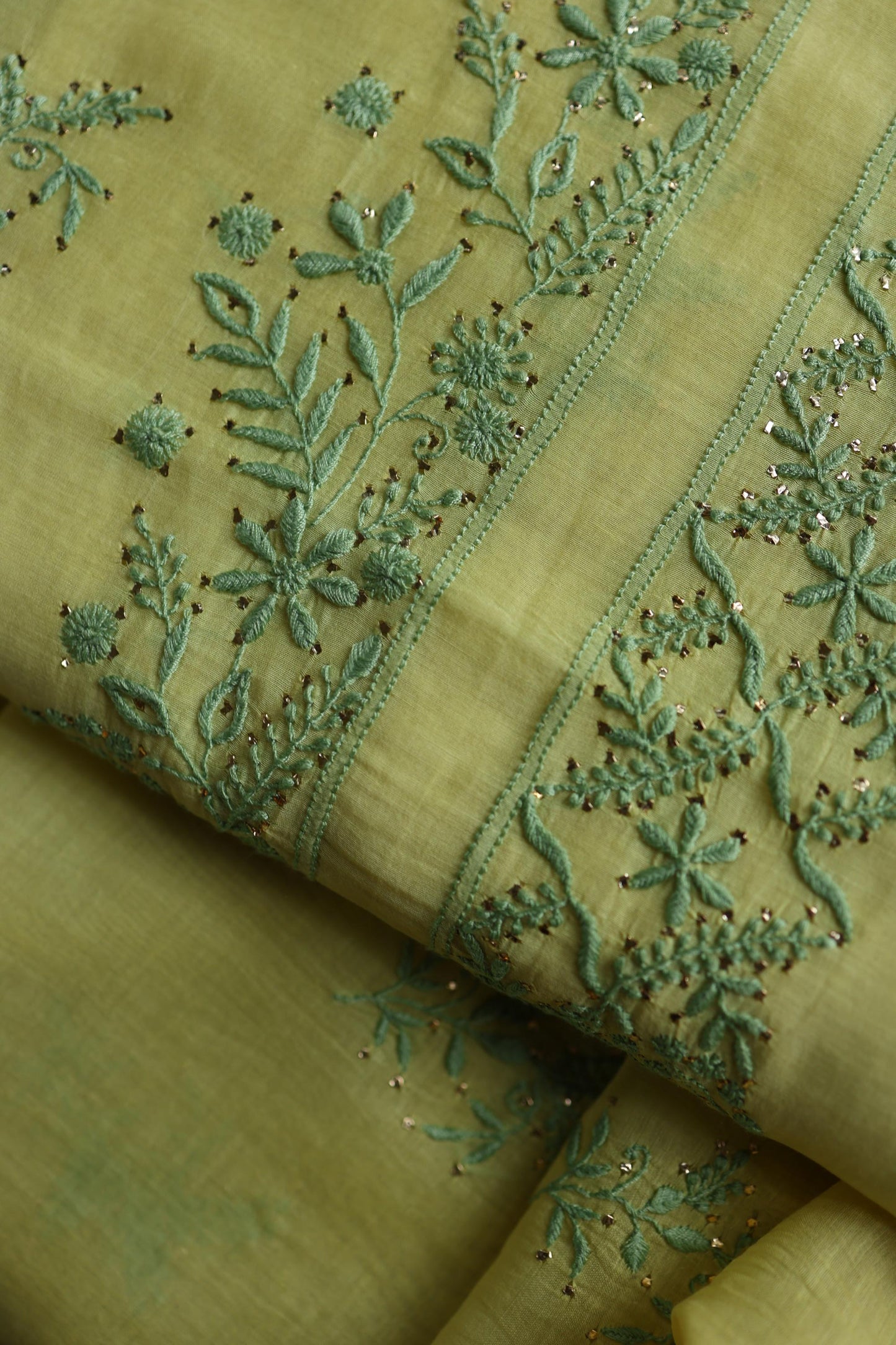 Yellow & Green Shade Mal Cotton Chikankari Unstitched Kurta Dupatta Fabric With Mukaish Kamdani