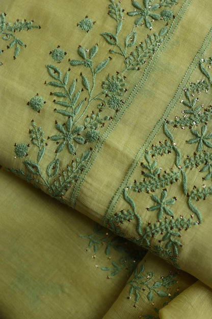 Yellow & Green Shade Mal Cotton Chikankari Unstitched Kurta Dupatta Fabric With Mukaish Kamdani