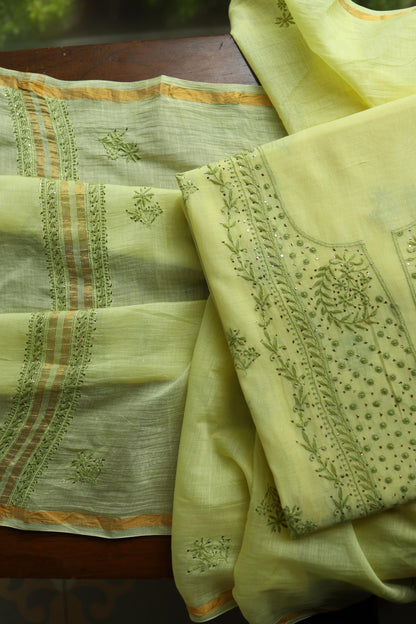 Yellow & Green Shade Mal Cotton Chikankari Unstitched Kurta Dupatta Fabric With Mukaish Kamdani