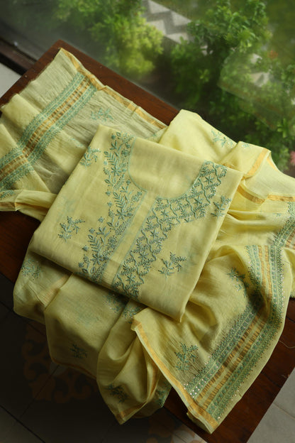 Yellow & Green Shade Mal Cotton Chikankari Unstitched Kurta Dupatta Fabric With Mukaish Kamdani