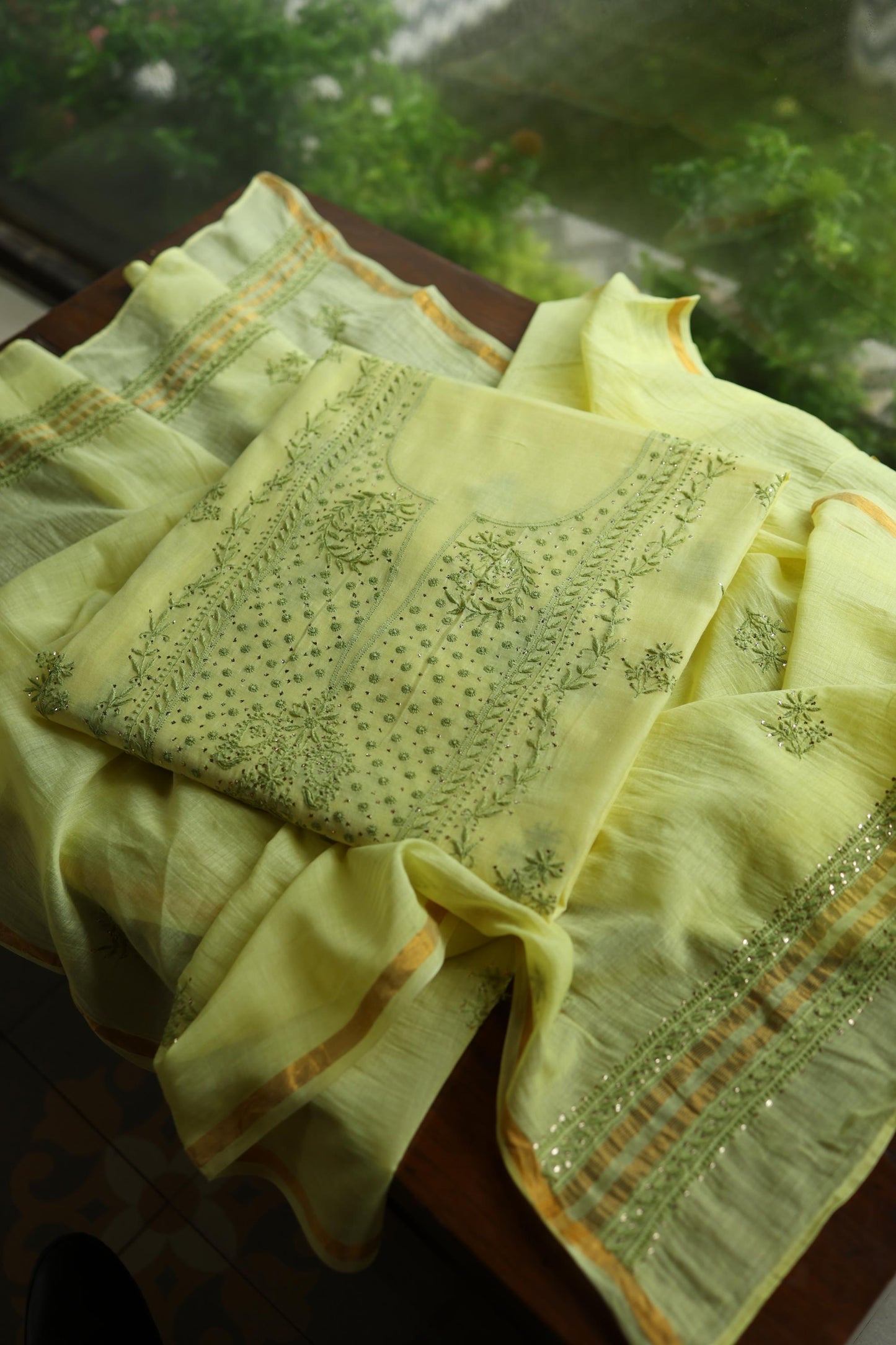 Yellow & Green Shade Mal Cotton Chikankari Unstitched Kurta Dupatta Fabric With Mukaish Kamdani