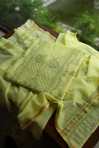 Yellow & Green Shade Mal Cotton Chikankari Unstitched Kurta Dupatta Fabric With Mukaish Kamdani