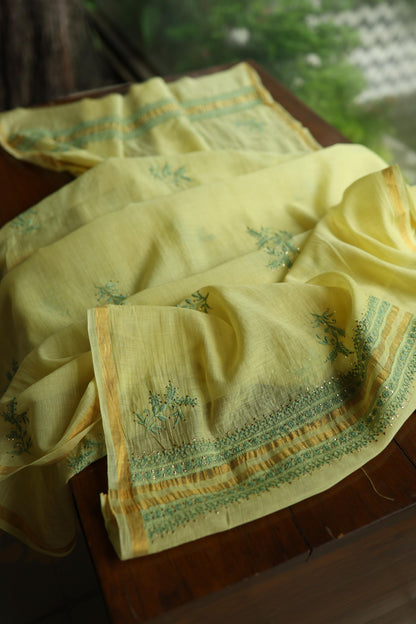 Yellow & Green Shade Mal Cotton Chikankari Unstitched Kurta Dupatta Fabric With Mukaish Kamdani