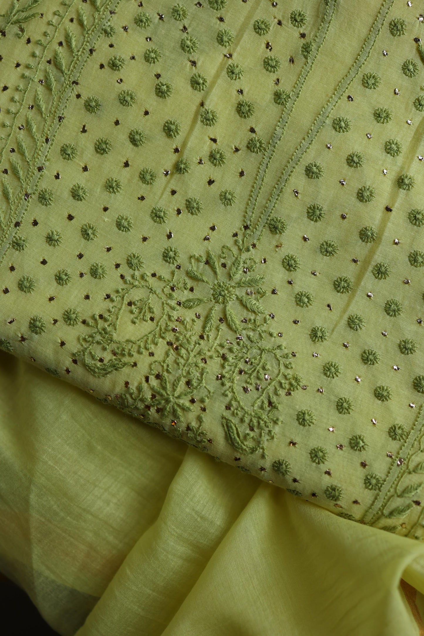 Yellow & Green Shade Mal Cotton Chikankari Unstitched Kurta Dupatta Fabric With Mukaish Kamdani
