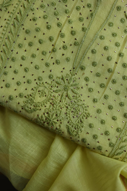 Yellow & Green Shade Mal Cotton Chikankari Unstitched Kurta Dupatta Fabric With Mukaish Kamdani