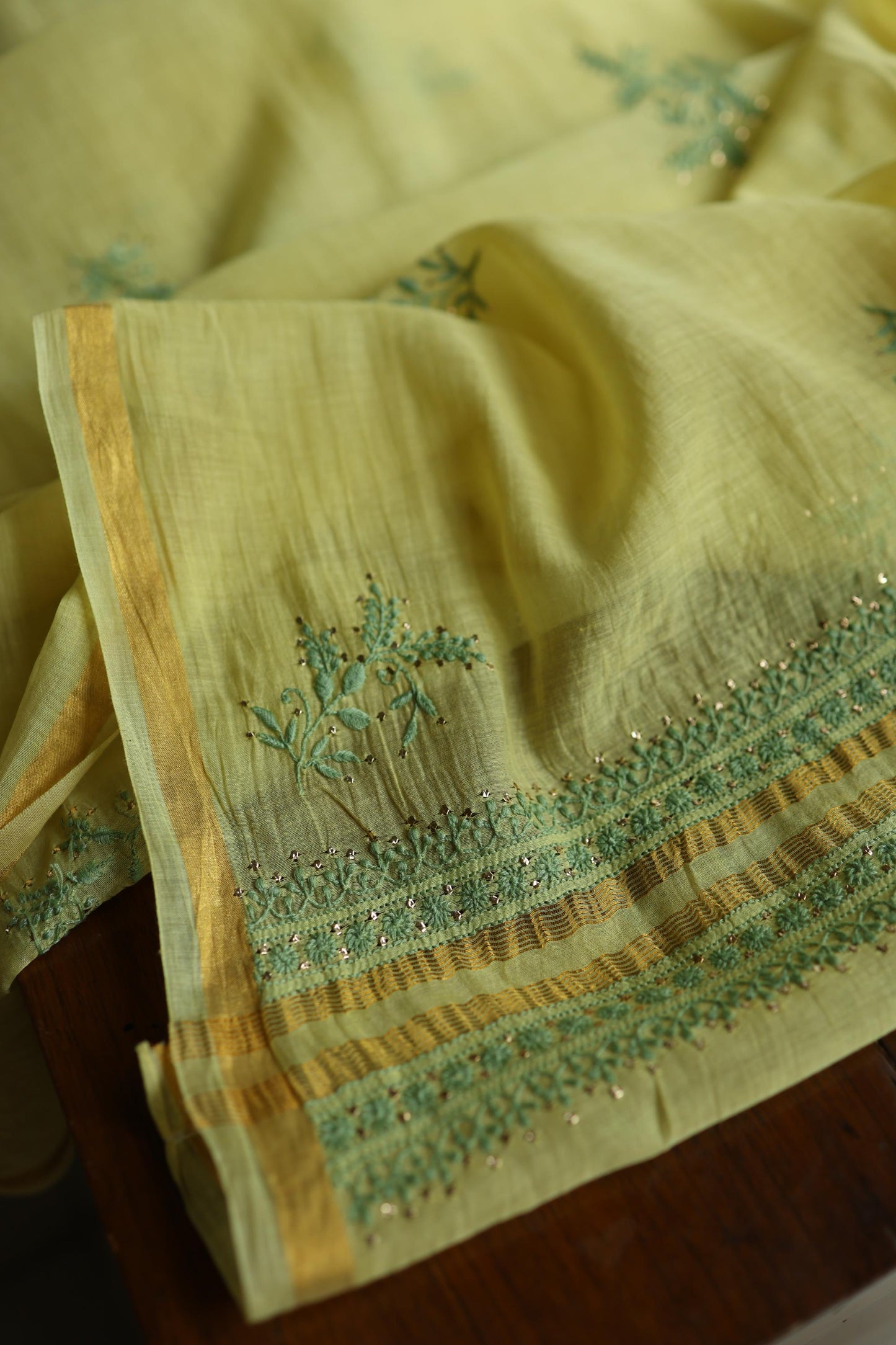 Yellow & Green Shade Mal Cotton Chikankari Unstitched Kurta Dupatta Fabric With Mukaish Kamdani