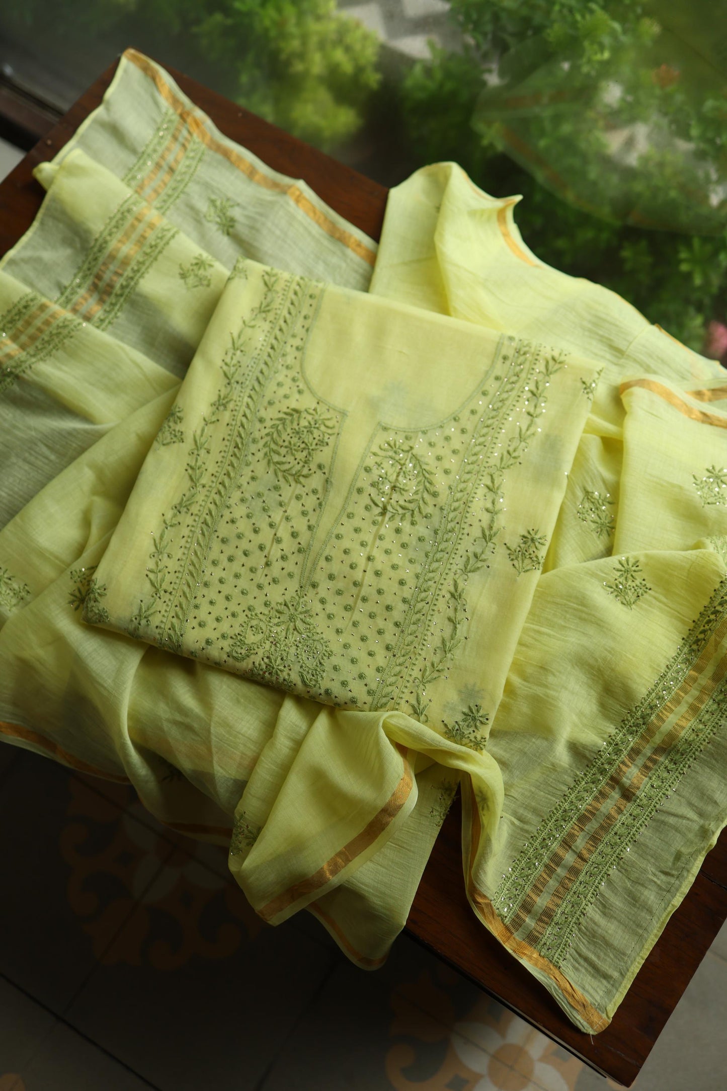 Yellow & Green Shade Mal Cotton Chikankari Unstitched Kurta Dupatta Fabric With Mukaish Kamdani
