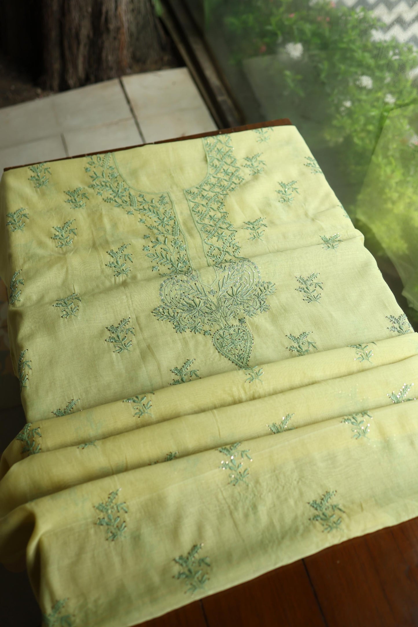 Yellow & Green Shade Mal Cotton Chikankari Unstitched Kurta Dupatta Fabric With Mukaish Kamdani