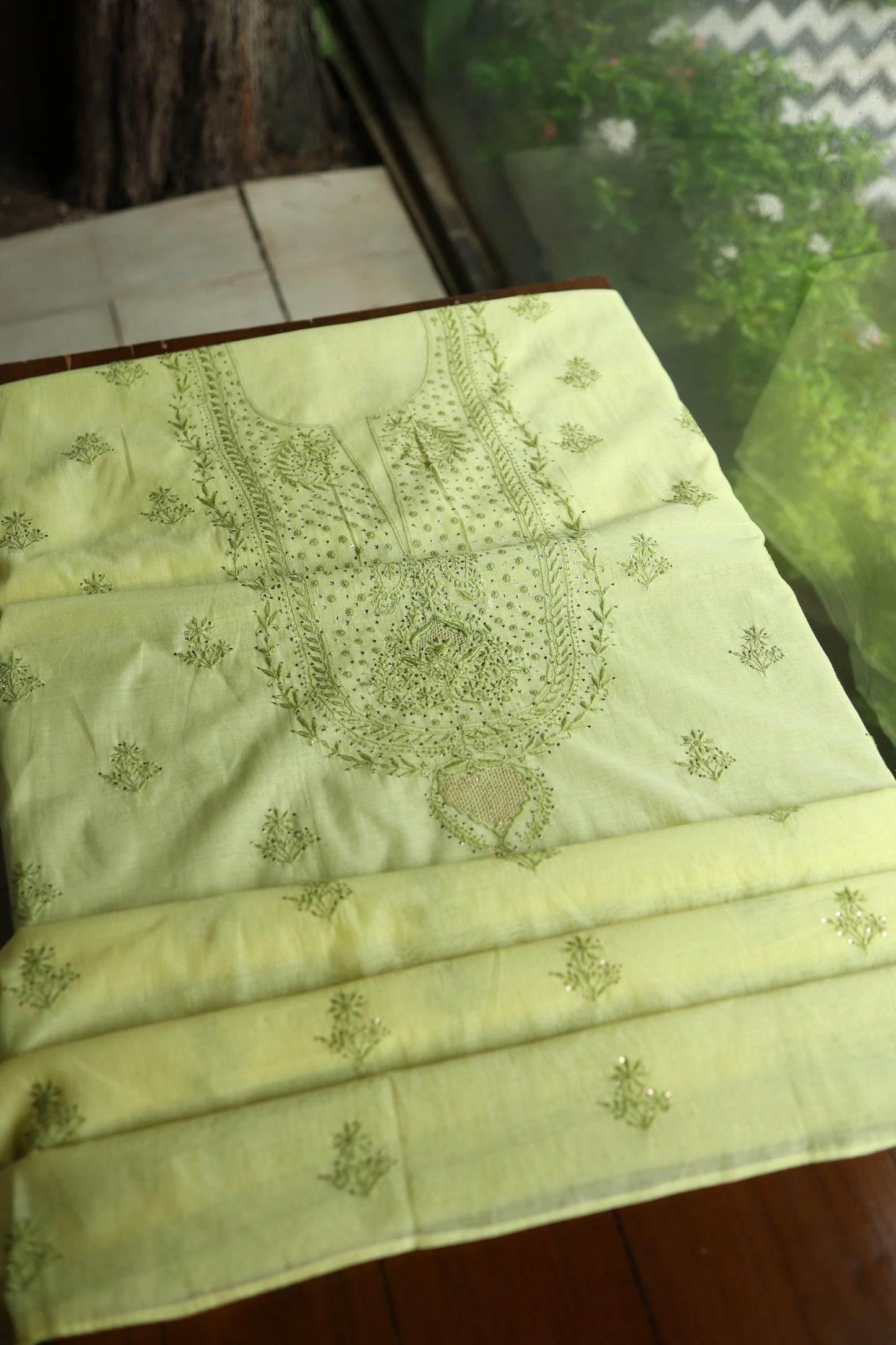 Yellow & Green Shade Mal Cotton Chikankari Unstitched Kurta Dupatta Fabric With Mukaish Kamdani