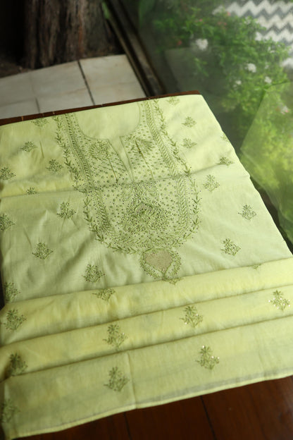 Yellow & Green Shade Mal Cotton Chikankari Unstitched Kurta Dupatta Fabric With Mukaish Kamdani