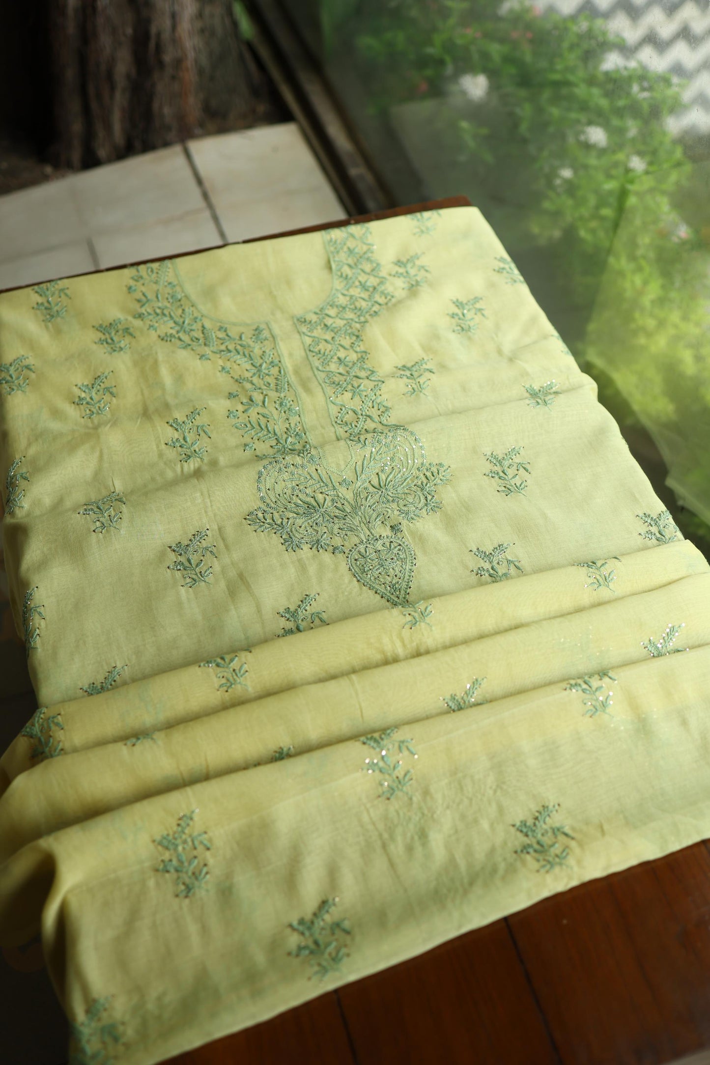 Yellow & Green Shade Mal Cotton Chikankari Unstitched Kurta Dupatta Fabric With Mukaish Kamdani