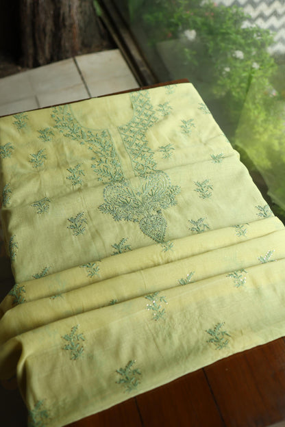 Yellow & Green Shade Mal Cotton Chikankari Unstitched Kurta Dupatta Fabric With Mukaish Kamdani