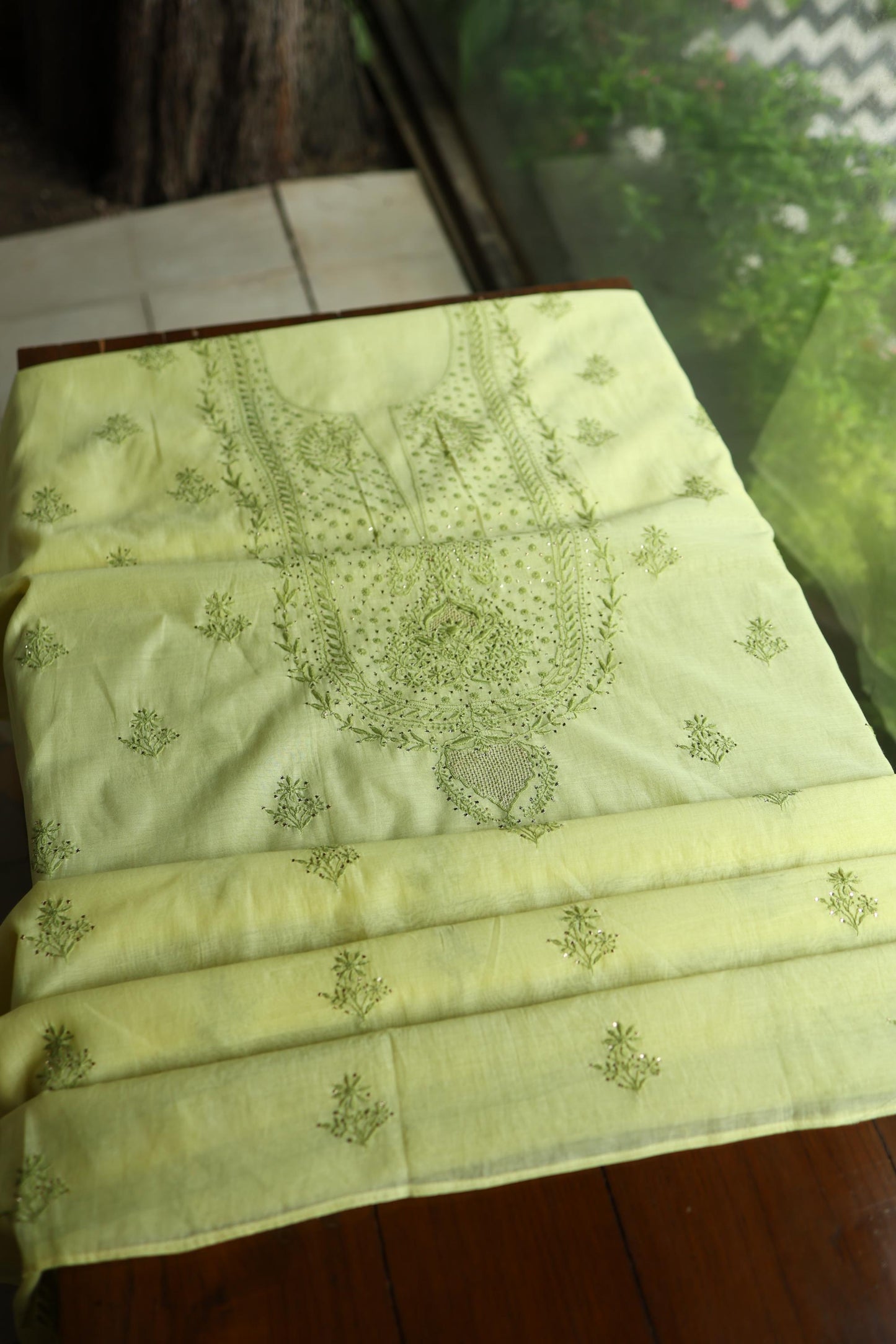 Yellow & Green Shade Mal Cotton Chikankari Unstitched Kurta Dupatta Fabric With Mukaish Kamdani