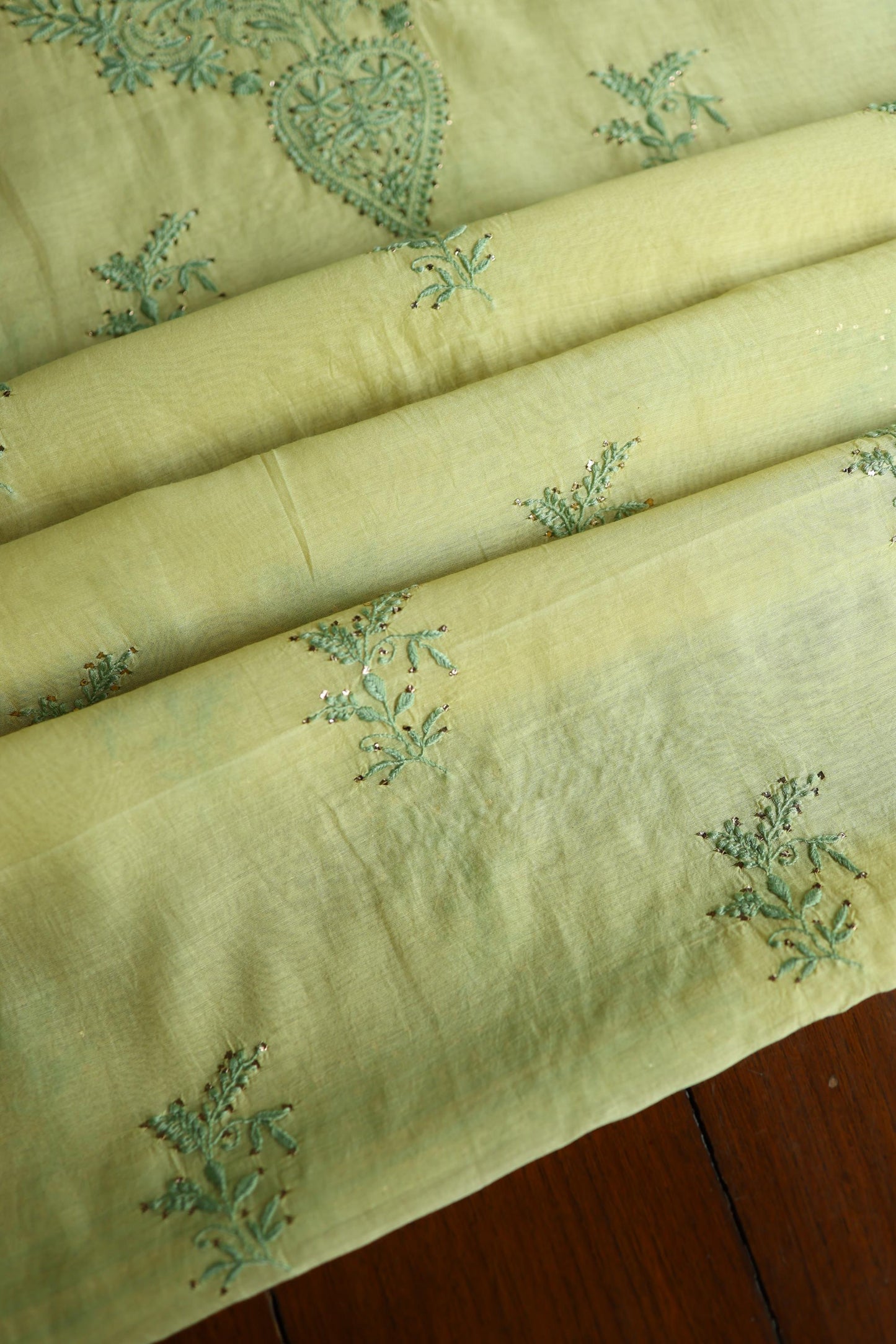 Yellow & Green Shade Mal Cotton Chikankari Unstitched Kurta Dupatta Fabric With Mukaish Kamdani