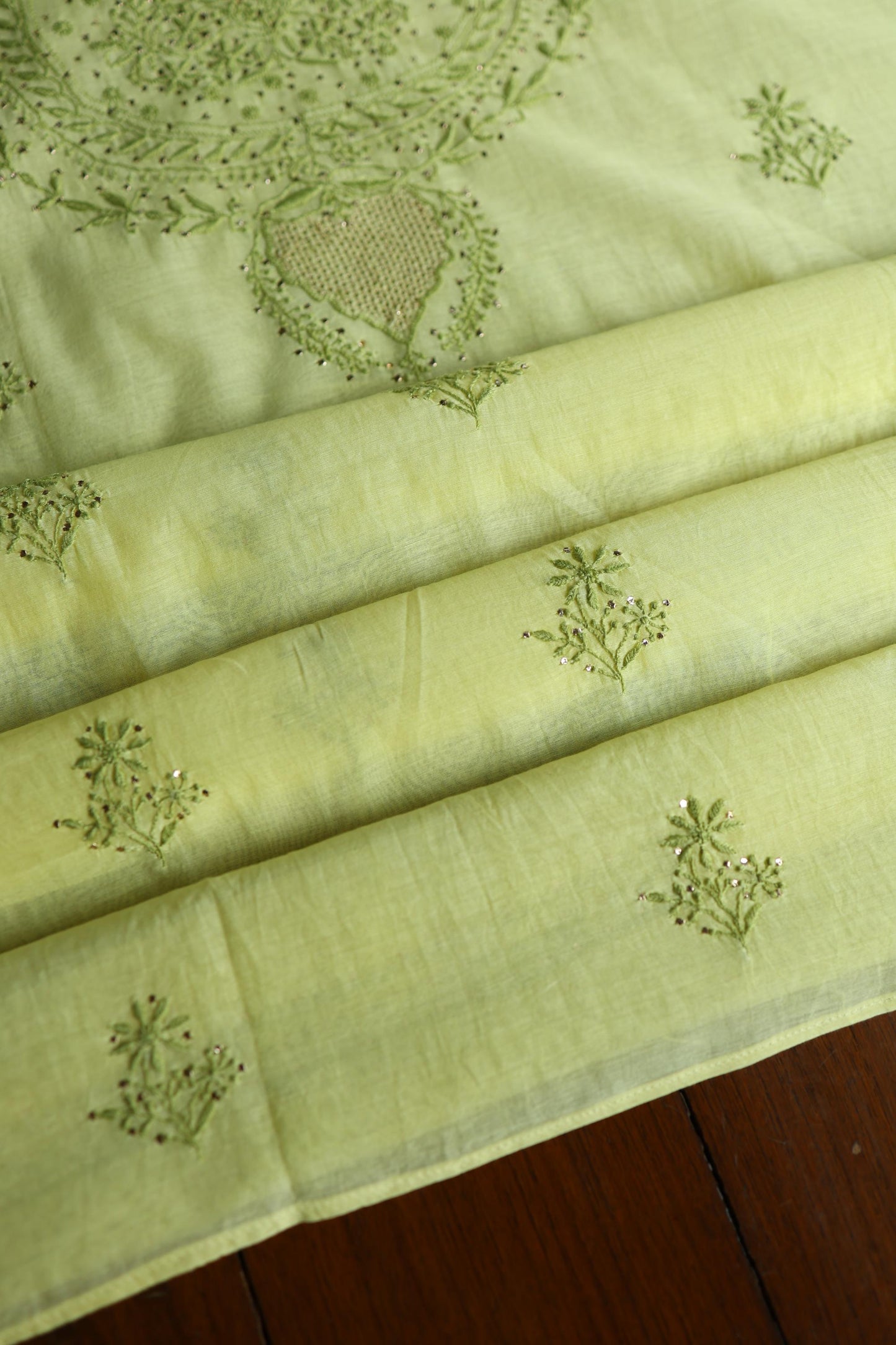 Yellow & Green Shade Mal Cotton Chikankari Unstitched Kurta Dupatta Fabric With Mukaish Kamdani