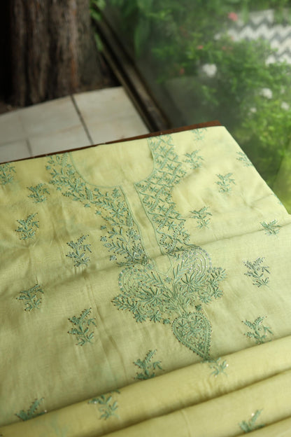 Yellow & Green Shade Mal Cotton Chikankari Unstitched Kurta Dupatta Fabric With Mukaish Kamdani