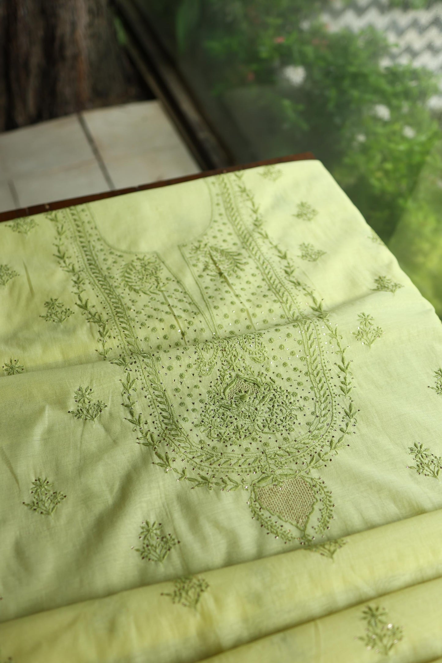 Yellow & Green Shade Mal Cotton Chikankari Unstitched Kurta Dupatta Fabric With Mukaish Kamdani