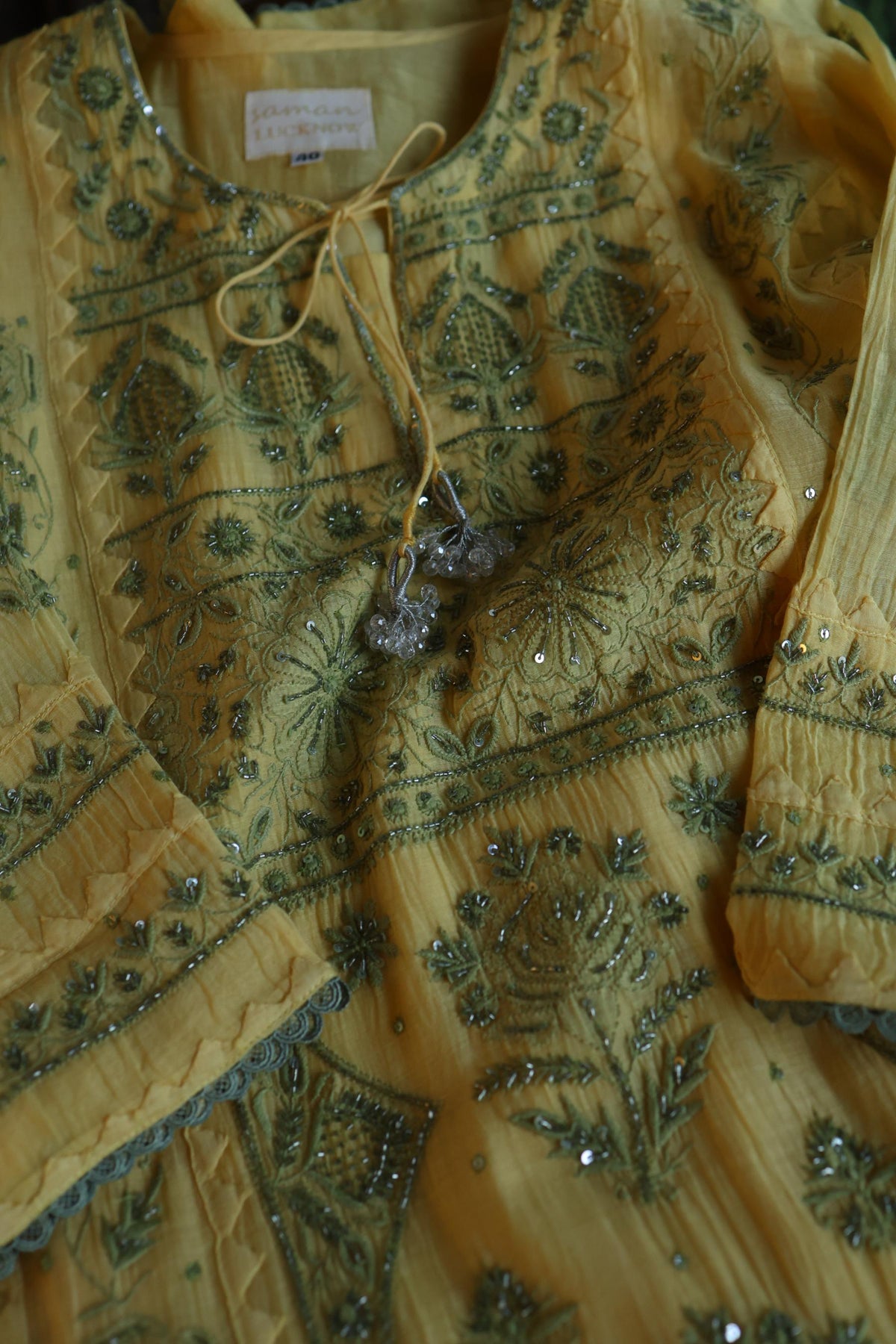 Yellow & Green Shade Malmal Straight Cut Chikankari Pearl & Sequins Kurta Set