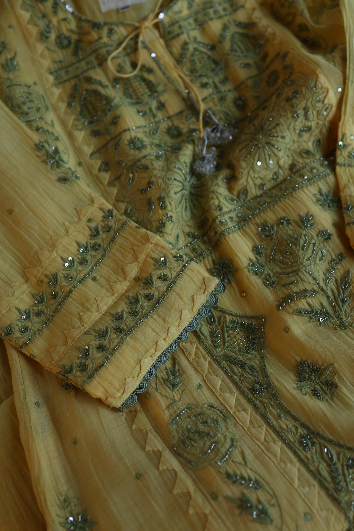 Yellow & Green Shade Malmal Straight Cut Chikankari Pearl & Sequins Kurta Set