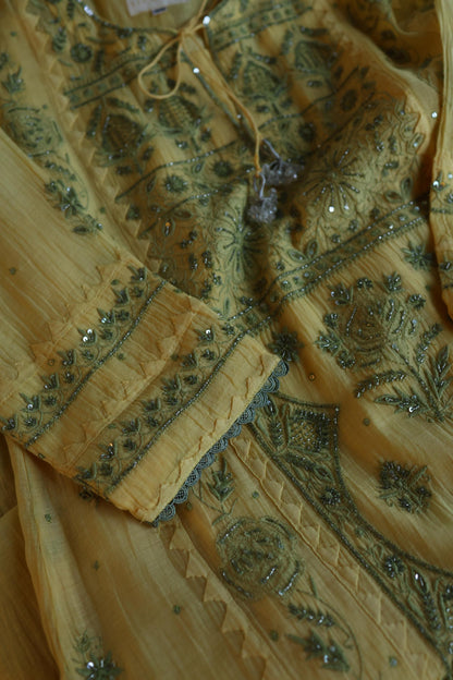 Yellow & Green Shade Malmal Straight Cut Chikankari Pearl & Sequins Kurta Set