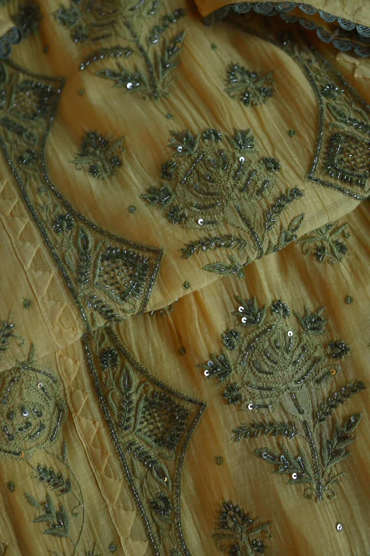 Yellow & Green Shade Malmal Straight Cut Chikankari Pearl & Sequins Kurta Set