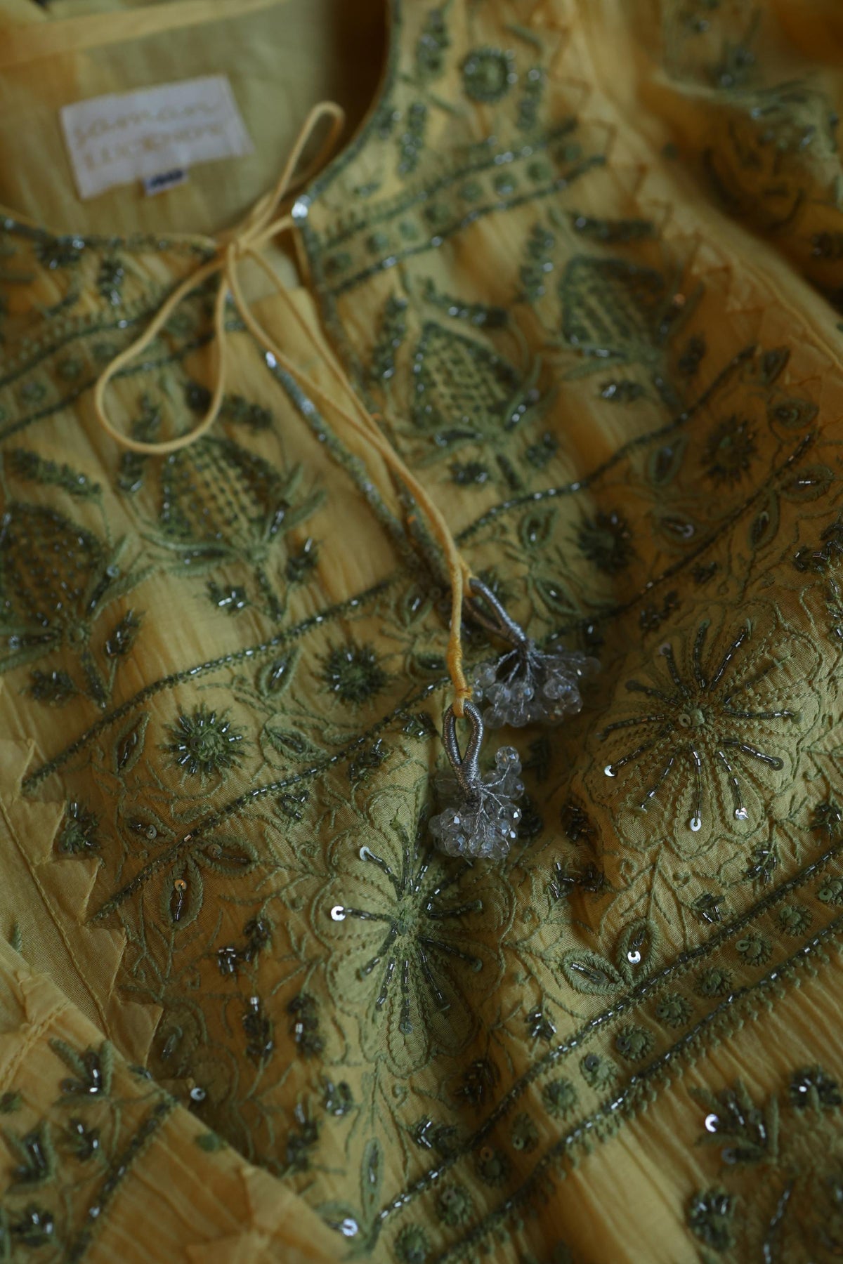 Yellow & Green Shade Malmal Straight Cut Chikankari Pearl & Sequins Kurta Set