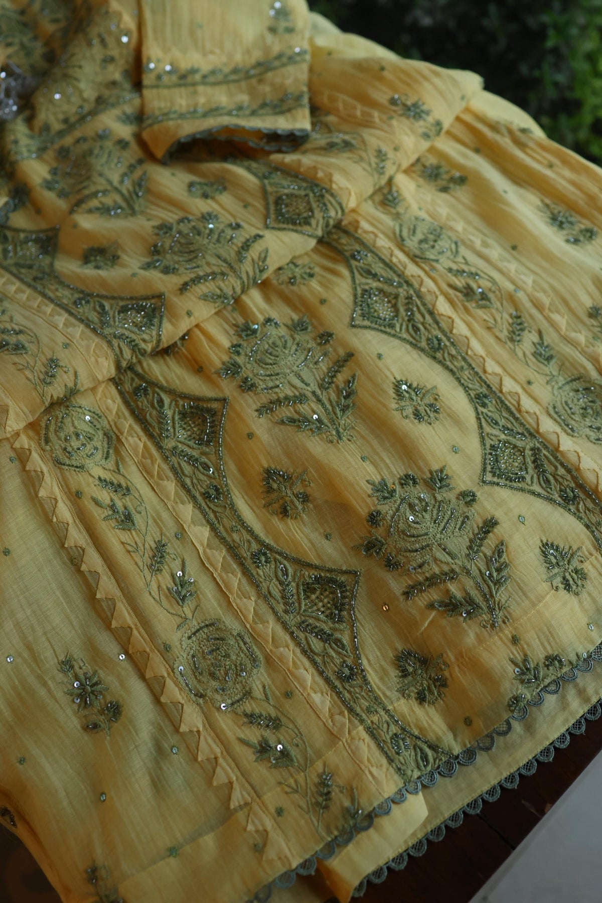 Yellow & Green Shade Malmal Straight Cut Chikankari Pearl & Sequins Kurta Set