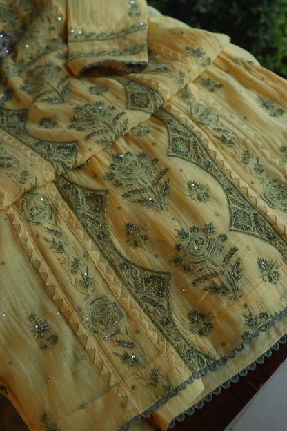 Yellow & Green Shade Malmal Straight Cut Chikankari Pearl & Sequins Kurta Set