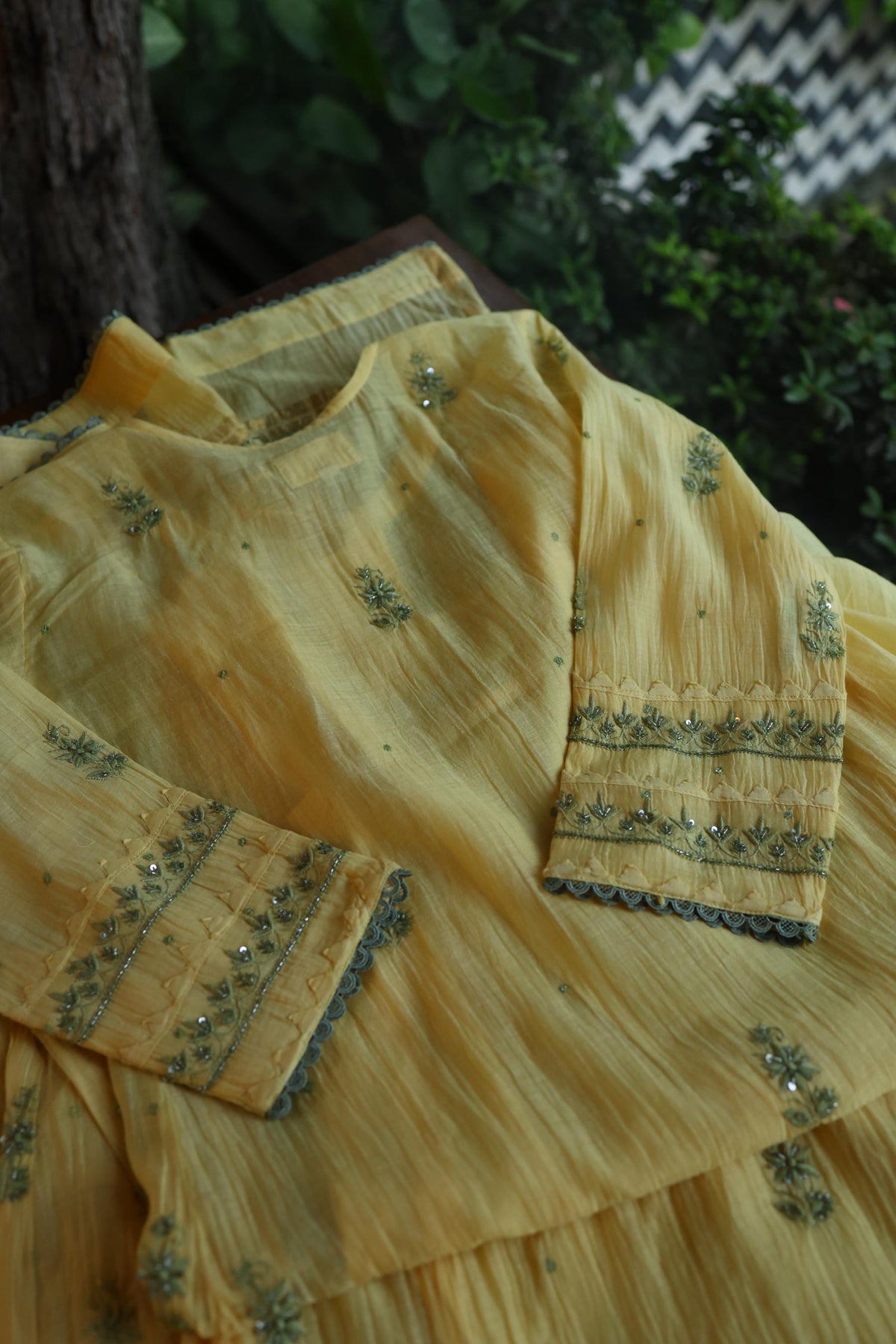 Yellow & Green Shade Malmal Straight Cut Chikankari Pearl & Sequins Kurta Set