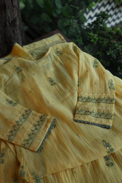 Yellow & Green Shade Malmal Straight Cut Chikankari Pearl & Sequins Kurta Set