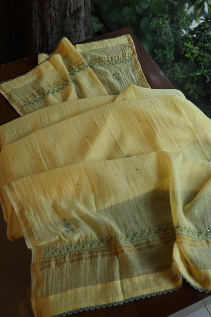 Yellow & Green Shade Malmal Straight Cut Chikankari Pearl & Sequins Kurta Set