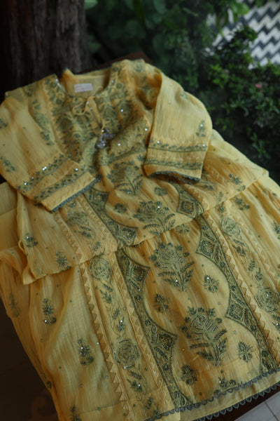 Yellow & Green Shade Malmal Straight Cut Chikankari Pearl & Sequins Kurta Set