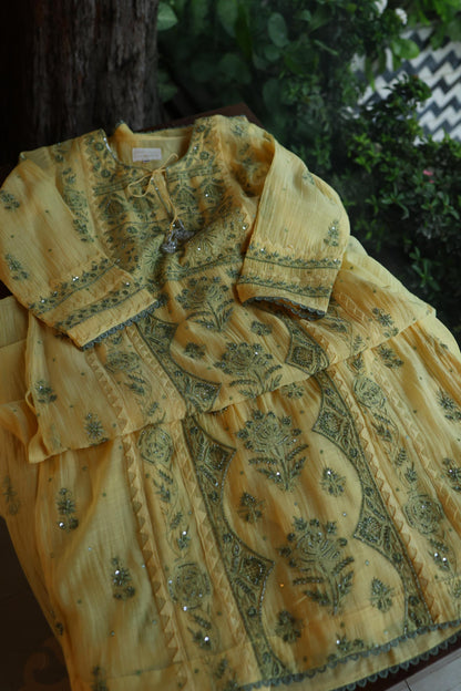 Yellow & Green Shade Malmal Straight Cut Chikankari Pearl & Sequins Kurta Set
