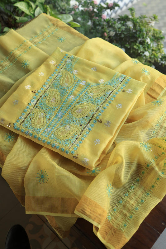 Yellow & Green Zari Booti Fine Chikankari With Kamdani Work Unstitched Fabric