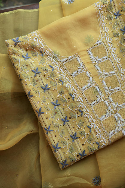 Yellow & Grey Noor Organza Silk Chikankari With Kamdani Fabric