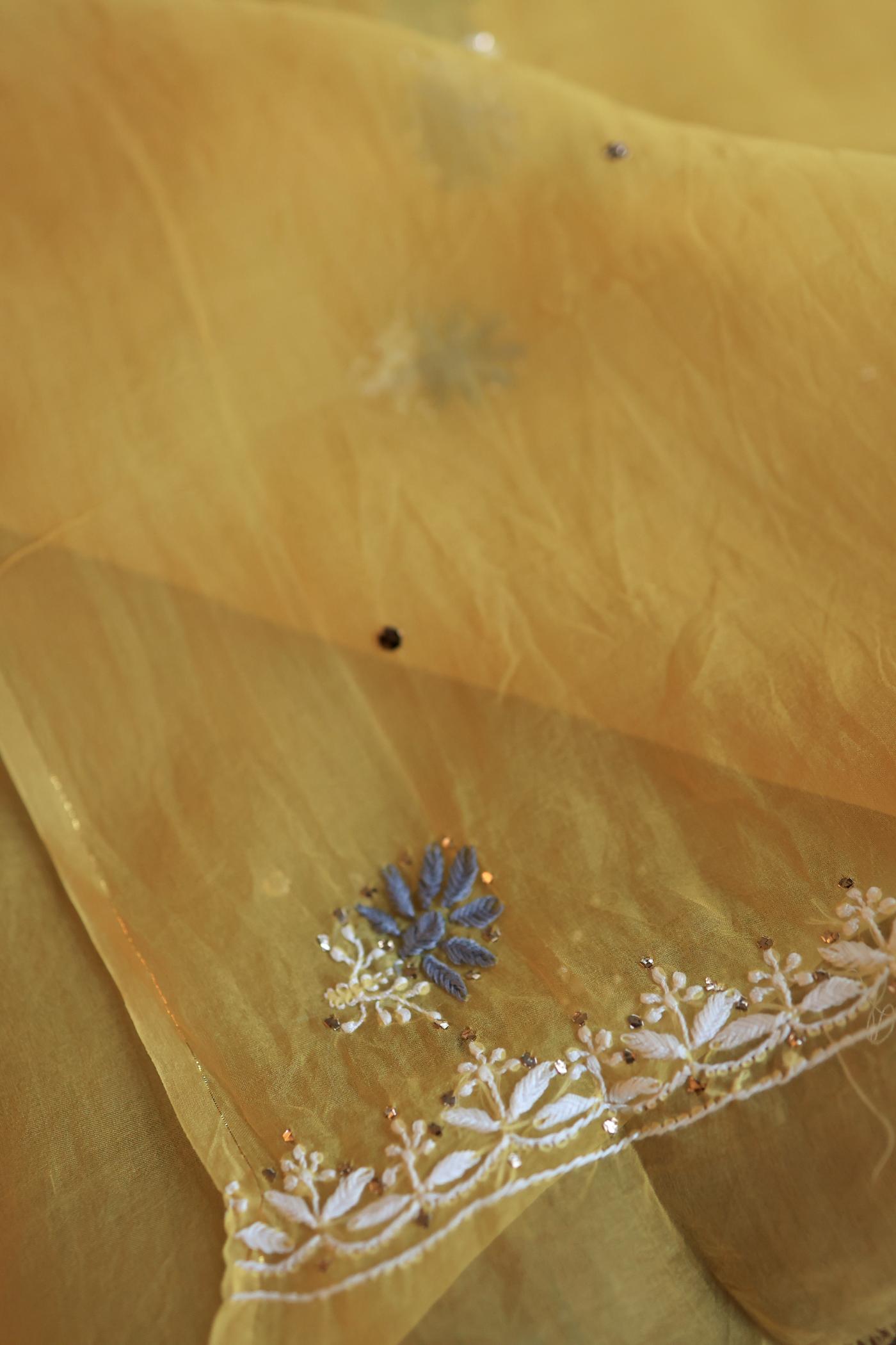 Yellow & Grey Noor Organza Silk Chikankari With Kamdani Fabric