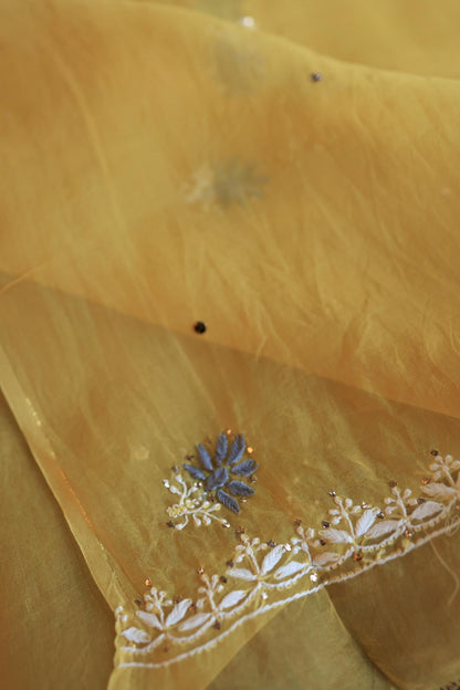 Yellow & Grey Noor Organza Silk Chikankari With Kamdani Fabric