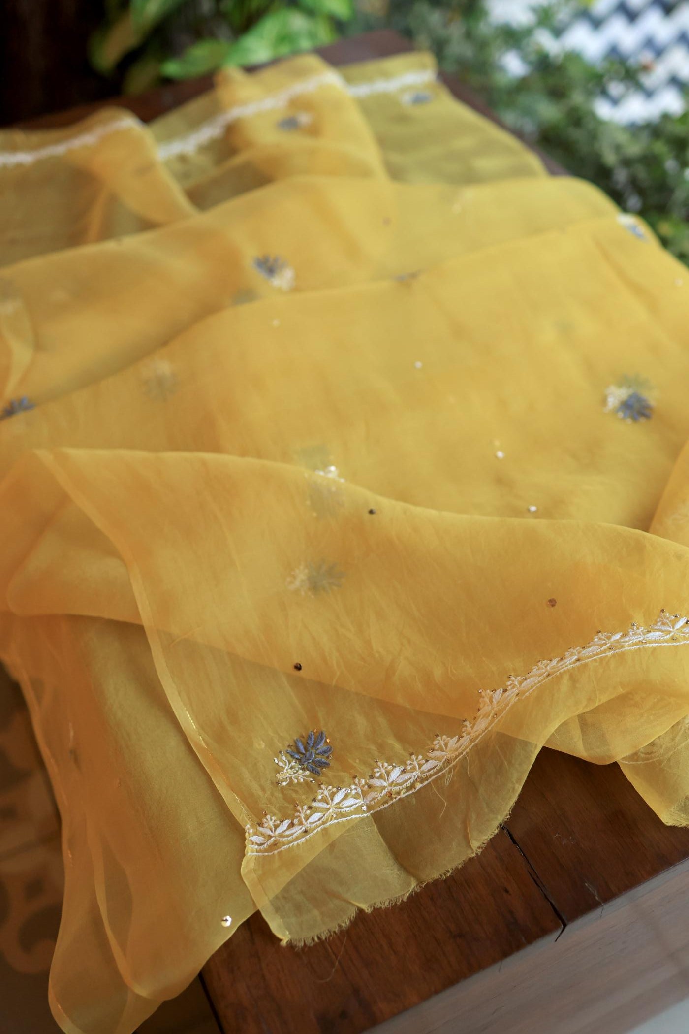 Yellow & Grey Noor Organza Silk Chikankari With Kamdani Fabric