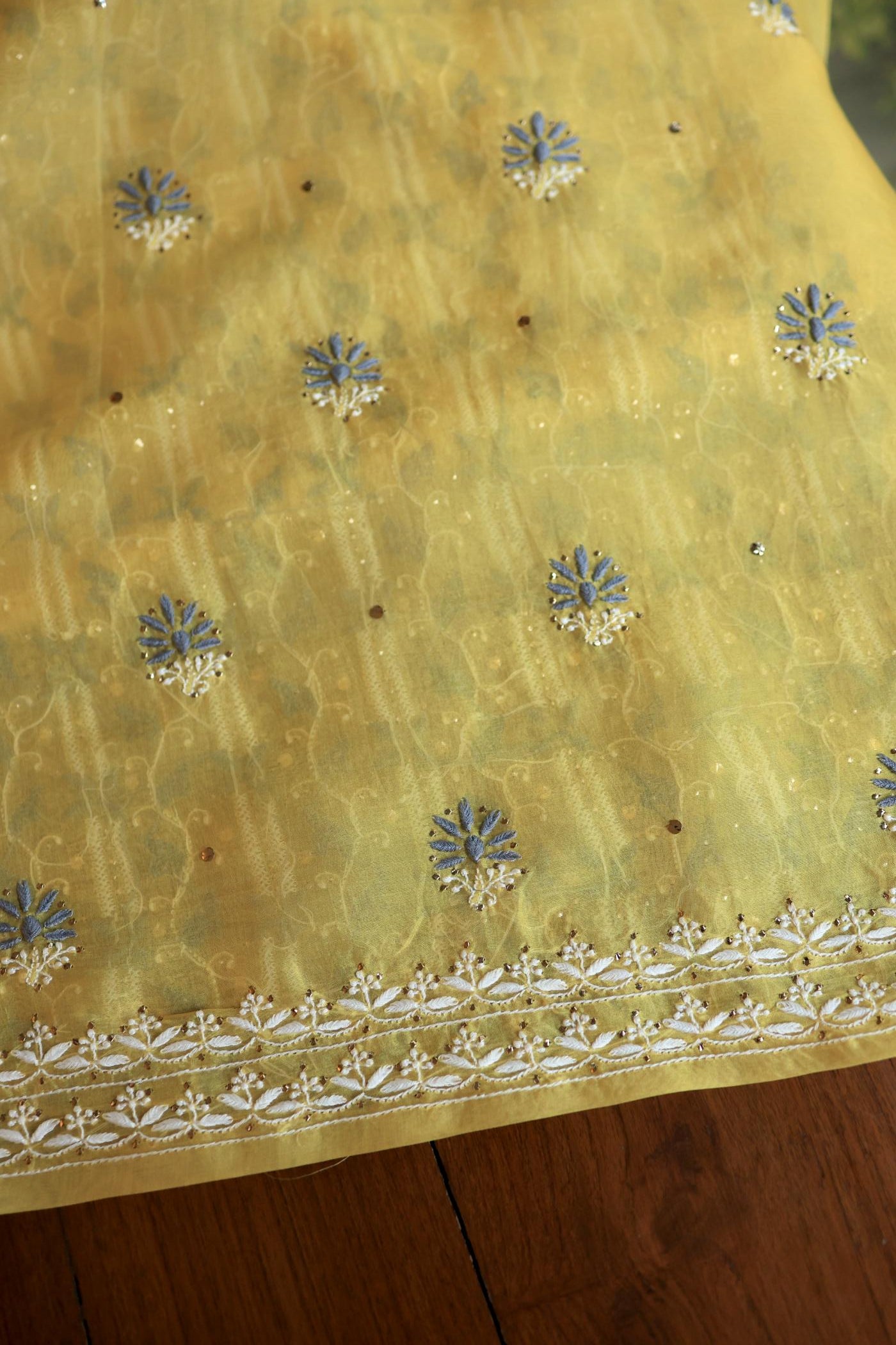 Yellow & Grey Noor Organza Silk Chikankari With Kamdani Fabric