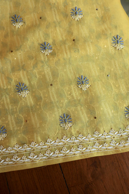 Yellow & Grey Noor Organza Silk Chikankari With Kamdani Fabric