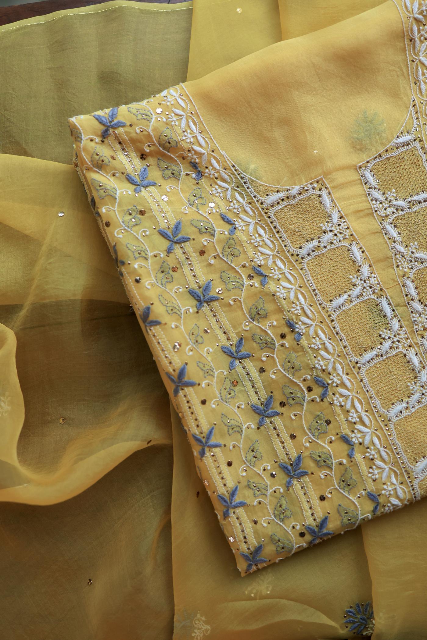 Yellow & Grey Noor Organza Silk Chikankari With Kamdani Fabric