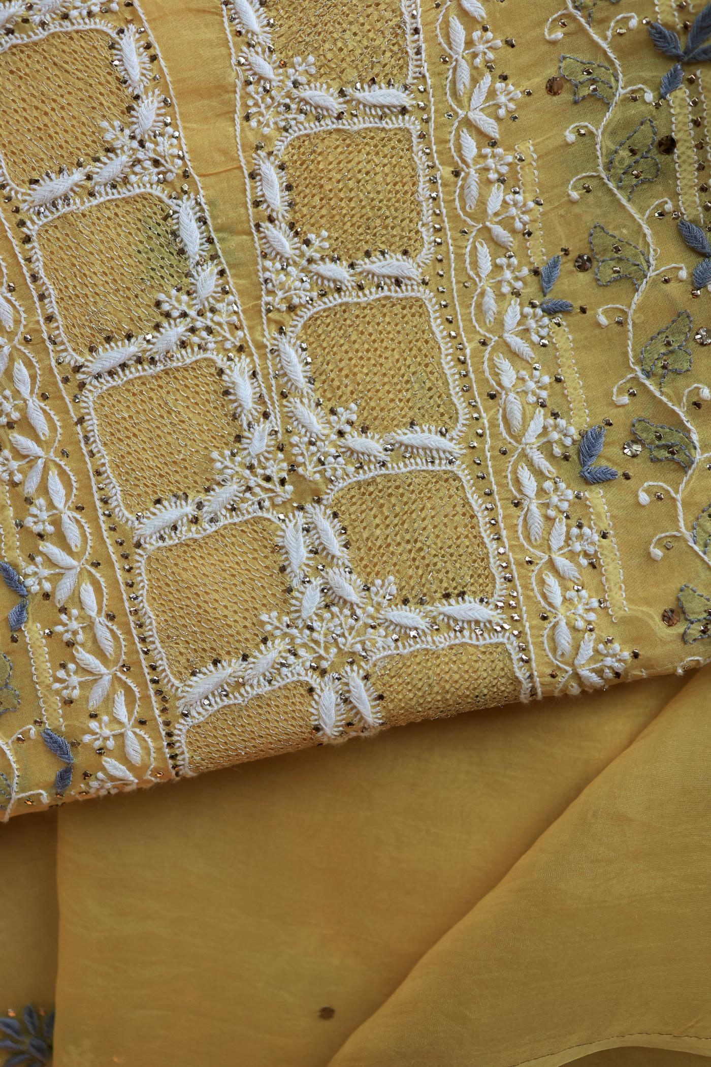 Yellow & Grey Noor Organza Silk Chikankari With Kamdani Fabric