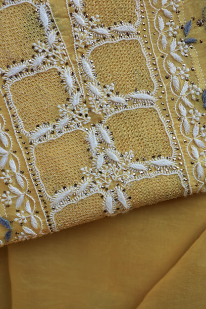 Yellow & Grey Noor Organza Silk Chikankari With Kamdani Fabric