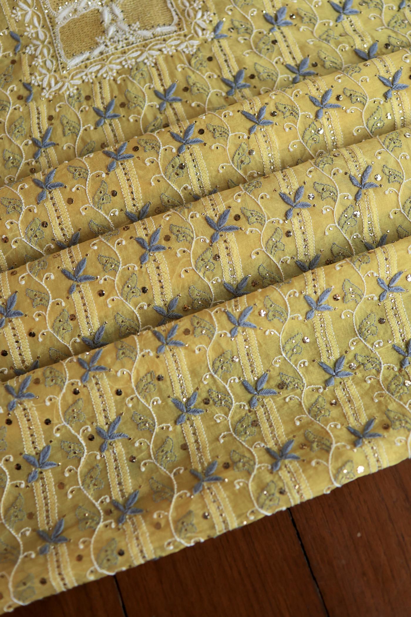 Yellow & Grey Noor Organza Silk Chikankari With Kamdani Fabric