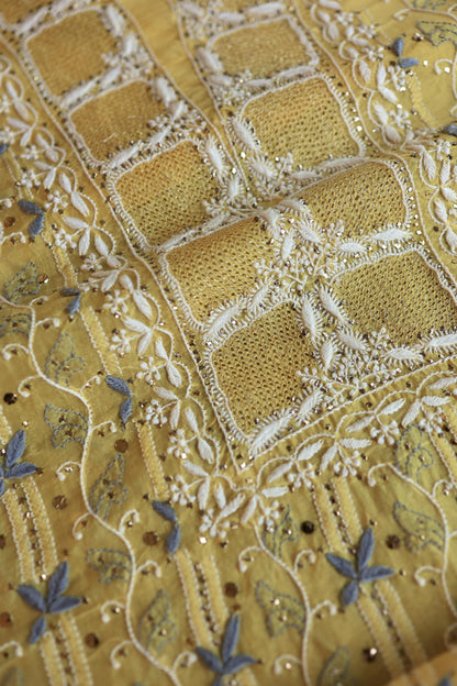 Yellow & Grey Noor Organza Silk Chikankari With Kamdani Fabric
