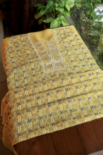 Yellow & Grey Noor Organza Silk Chikankari With Kamdani Fabric
