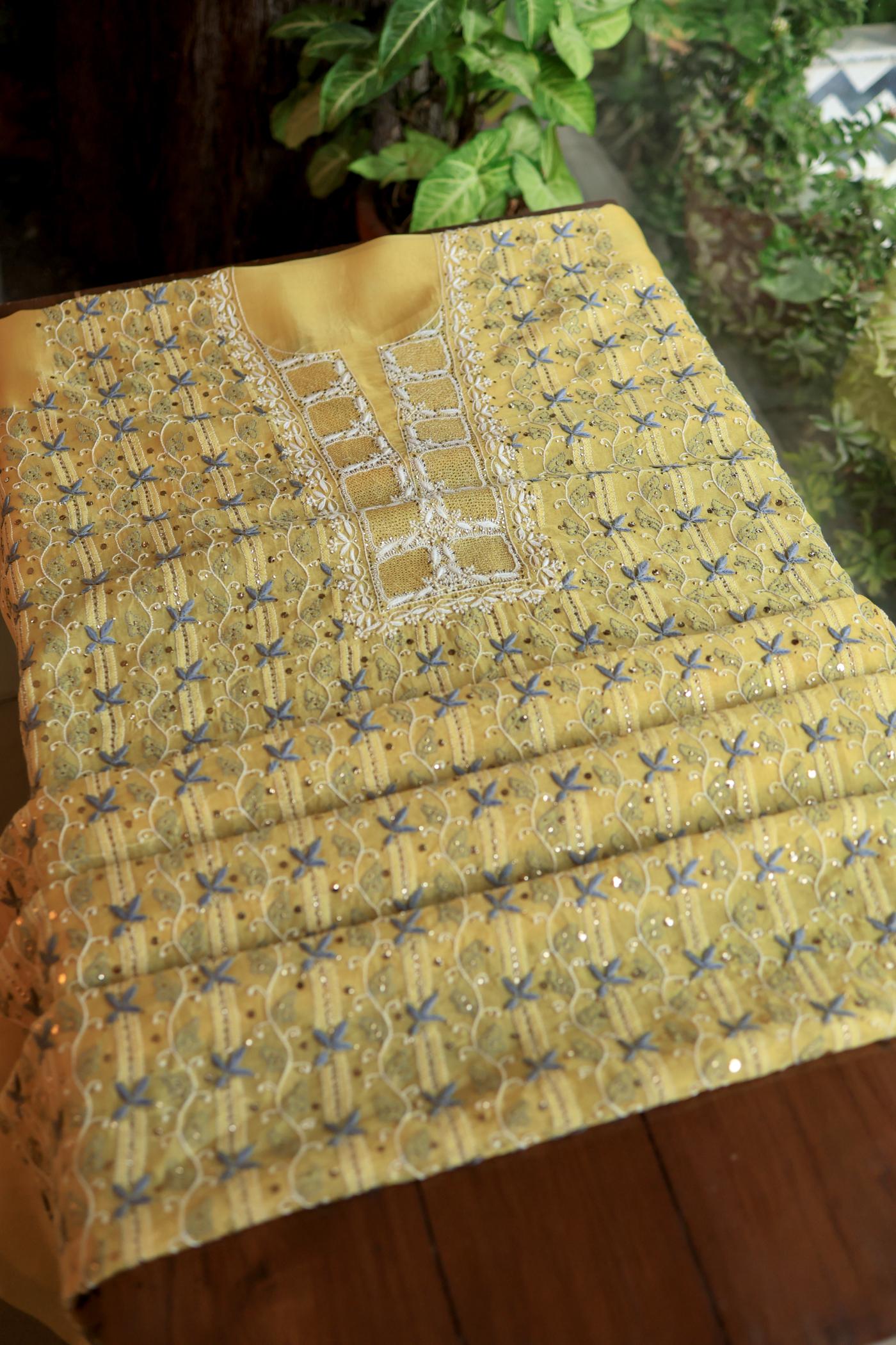 Yellow & Grey Noor Organza Silk Chikankari With Kamdani Fabric