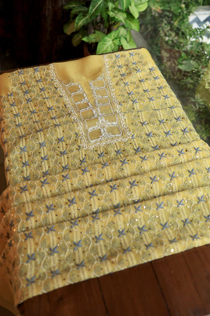 Yellow & Grey Noor Organza Silk Chikankari With Kamdani Fabric