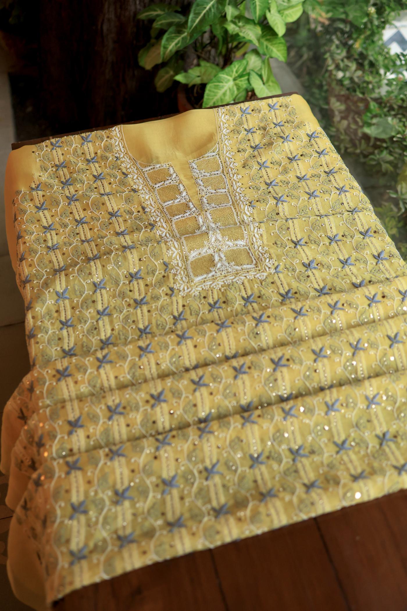 Yellow & Grey Noor Organza Silk Chikankari With Kamdani Fabric